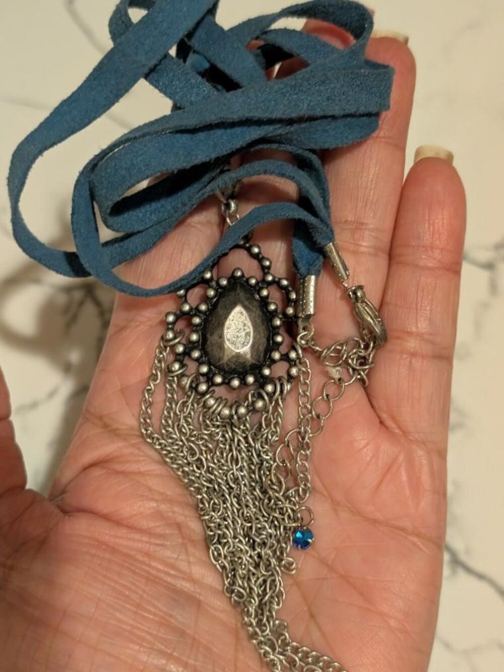 Victorian-Style, Boho Fringe Pendant Necklace in a Blue Leather Necklace Strap